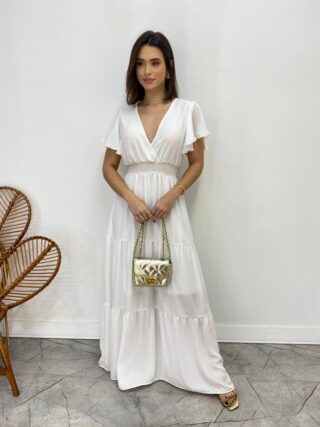 Vestido Longo sem Bojo Decote V Lastex na Cintura Branco - Fernanda Ramos Store