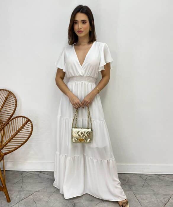 Vestido Longo sem Bojo Decote V Lastex na Cintura Branco - Fernanda Ramos Store