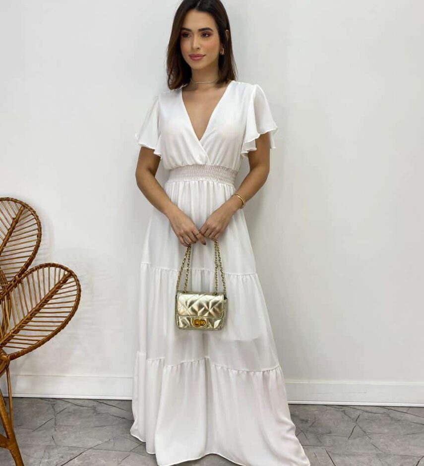 Vestido Longo sem Bojo Decote V Lastex na Cintura Branco - Fernanda Ramos Store
