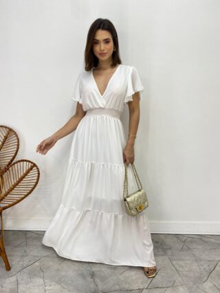 Vestido Longo sem Bojo Decote V Lastex na Cintura Branco - Fernanda Ramos Store