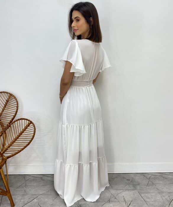 Vestido Longo sem Bojo Decote V Lastex na Cintura Branco - Fernanda Ramos Store