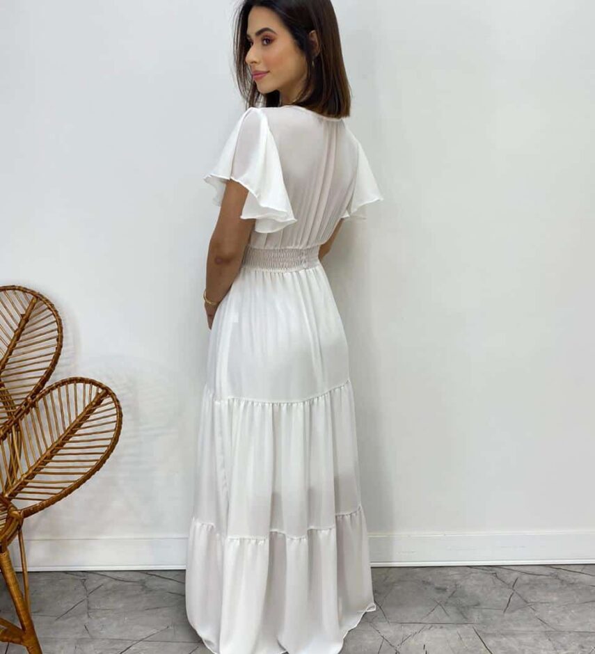 Vestido Longo sem Bojo Decote V Lastex na Cintura Branco - Fernanda Ramos Store