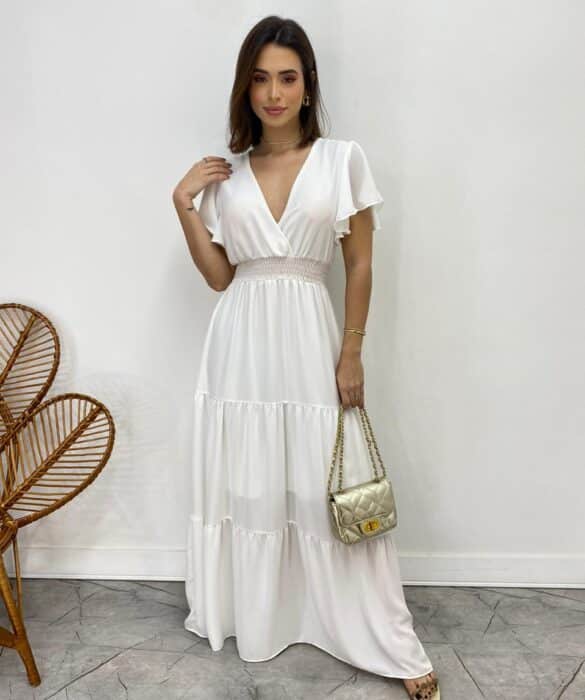 Vestido Longo sem Bojo Decote V Lastex na Cintura Branco - Fernanda Ramos Store