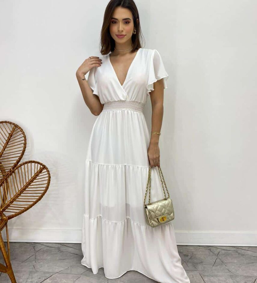 Vestido Longo sem Bojo Decote V Lastex na Cintura Branco - Fernanda Ramos Store