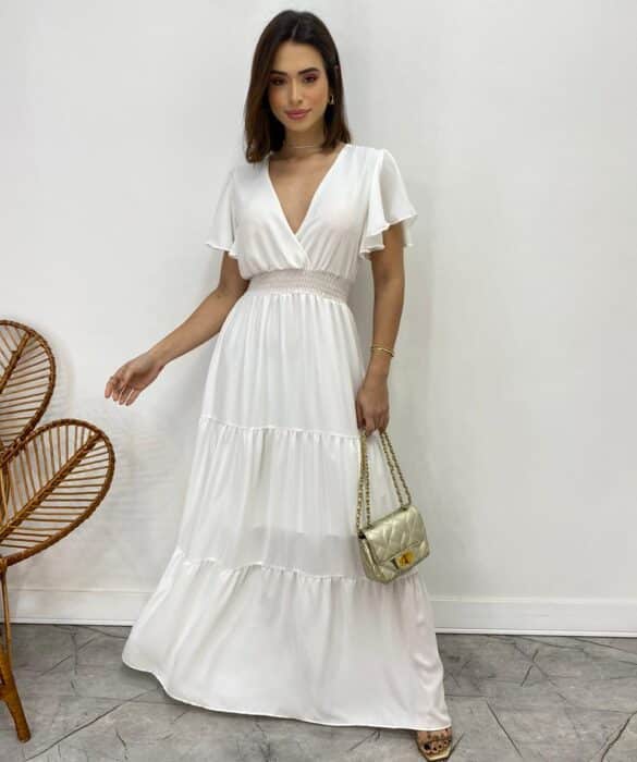 Vestido Longo sem Bojo Decote V Lastex na Cintura Branco - Fernanda Ramos Store