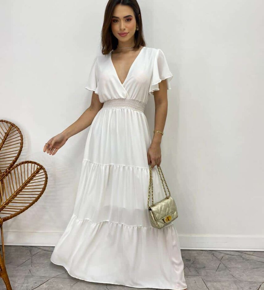 Vestido Longo sem Bojo Decote V Lastex na Cintura Branco - Fernanda Ramos Store