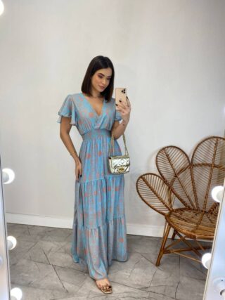 Vestido Longo sem Bojo Decote V Lastex na Cintura Estampado Azul - Fernanda Ramos Store