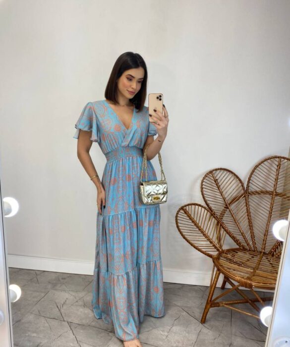 Vestido Longo sem Bojo Decote V Lastex na Cintura Estampado Azul - Fernanda Ramos Store