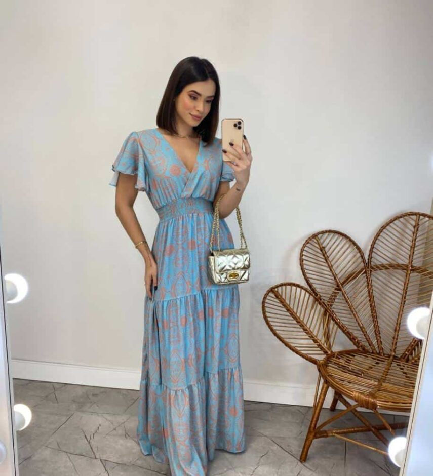 Vestido Longo sem Bojo Decote V Lastex na Cintura Estampado Azul - Fernanda Ramos Store