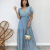 Vestido Longo sem Bojo Decote V Lastex na Cintura Estampado Azul - Fernanda Ramos Store