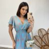 Vestido Longo sem Bojo Decote V Lastex na Cintura Estampado Azul - Fernanda Ramos Store