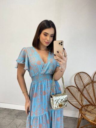 Vestido Longo sem Bojo Decote V Lastex na Cintura Estampado Azul - Fernanda Ramos Store