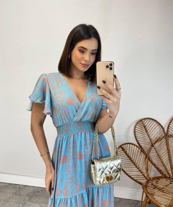 Vestido Longo sem Bojo Decote V Lastex na Cintura Estampado Azul - Fernanda Ramos Store