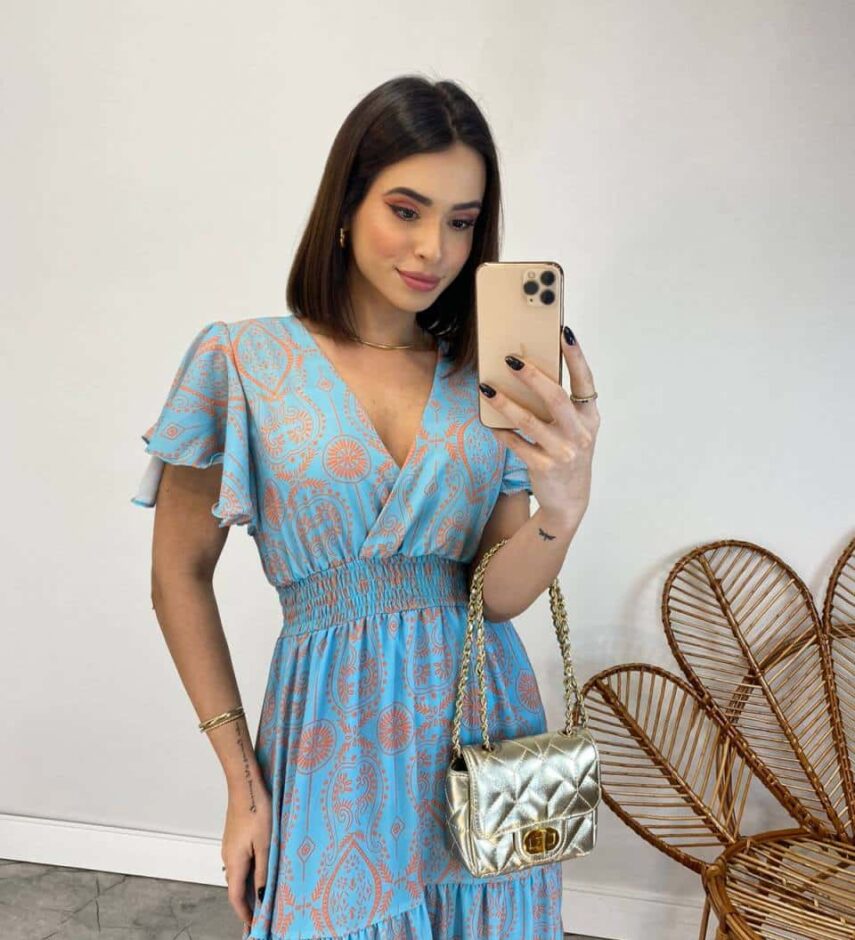 Vestido Longo sem Bojo Decote V Lastex na Cintura Estampado Azul - Fernanda Ramos Store