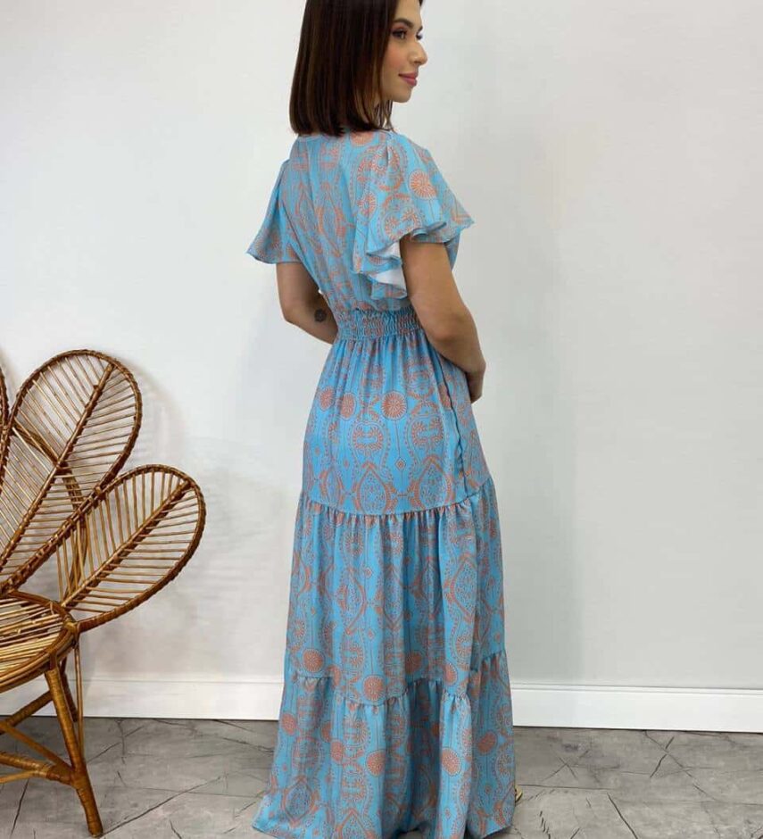 Vestido Longo sem Bojo Decote V Lastex na Cintura Estampado Azul - Fernanda Ramos Store