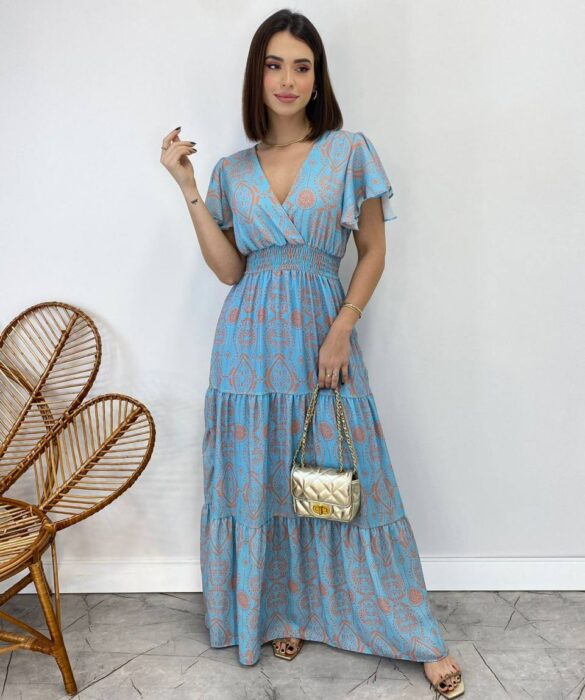 Vestido Longo sem Bojo Decote V Lastex na Cintura Estampado Azul - Fernanda Ramos Store