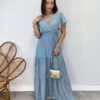 Vestido Longo sem Bojo Decote V Lastex na Cintura Estampado Azul - Fernanda Ramos Store