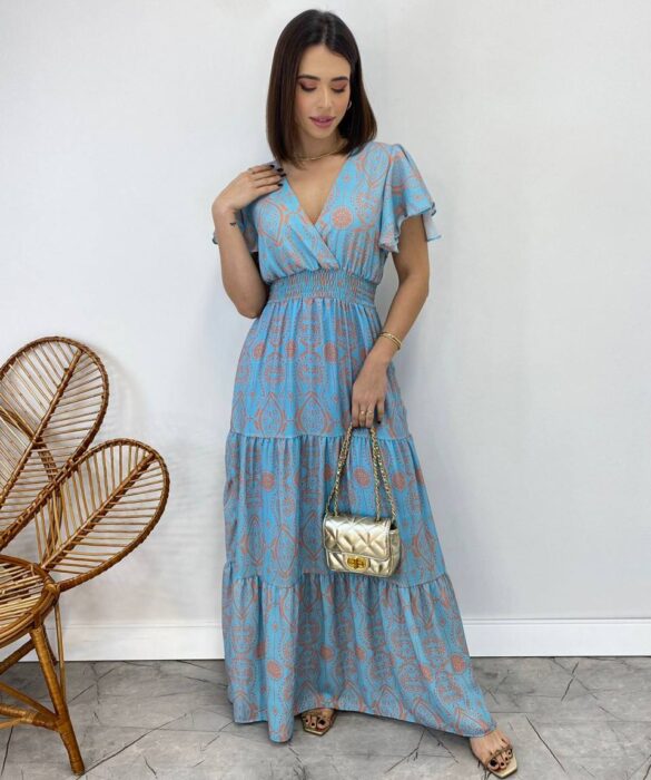 Vestido Longo sem Bojo Decote V Lastex na Cintura Estampado Azul - Fernanda Ramos Store