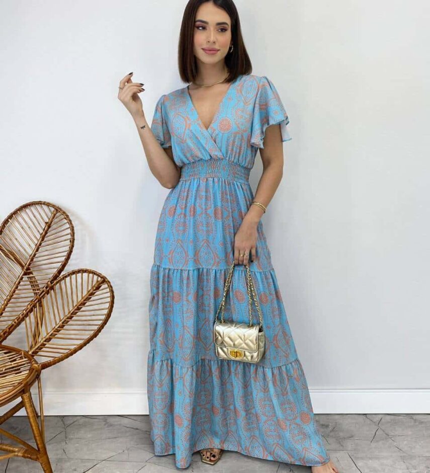 Vestido Longo sem Bojo Decote V Lastex na Cintura Estampado Azul - Fernanda Ramos Store
