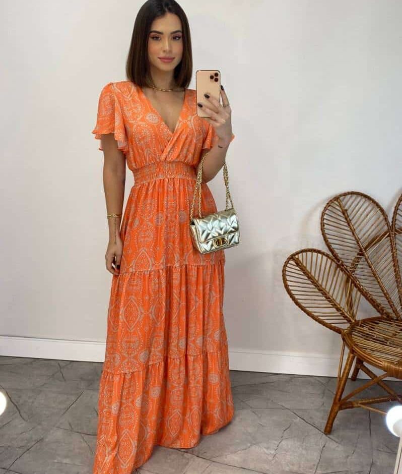 Vestido Longo sem Bojo Decote V Lastex na Cintura Estampado Laranja - Fernanda Ramos Store