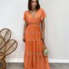 Vestido Longo sem Bojo Decote V Lastex na Cintura Estampado Laranja - Fernanda Ramos Store