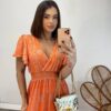 Vestido Longo sem Bojo Decote V Lastex na Cintura Estampado Laranja - Fernanda Ramos Store