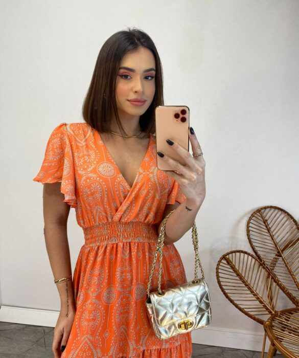 Vestido Longo sem Bojo Decote V Lastex na Cintura Estampado Laranja - Fernanda Ramos Store