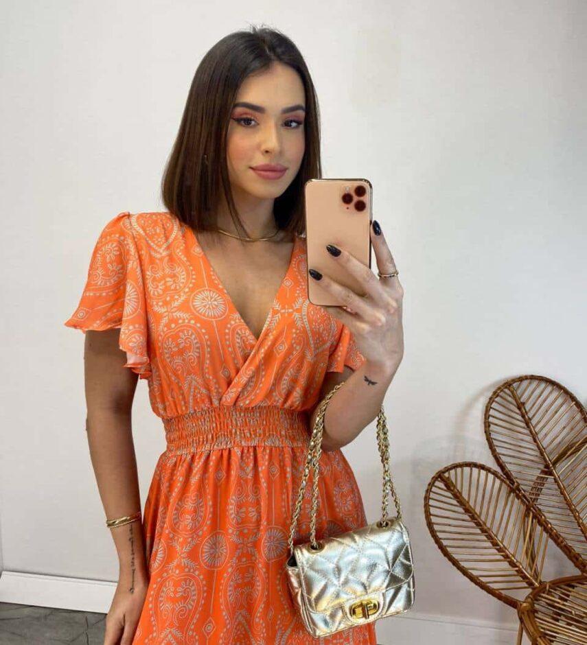 Vestido Longo sem Bojo Decote V Lastex na Cintura Estampado Laranja - Fernanda Ramos Store