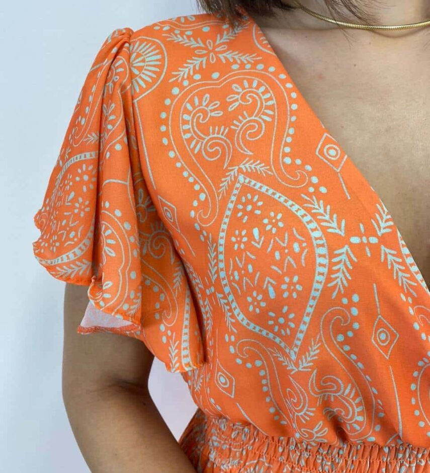 Vestido Longo sem Bojo Decote V Lastex na Cintura Estampado Laranja - Fernanda Ramos Store