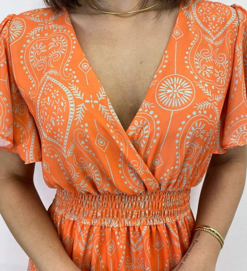 Vestido Longo sem Bojo Decote V Lastex na Cintura Estampado Laranja - Fernanda Ramos Store