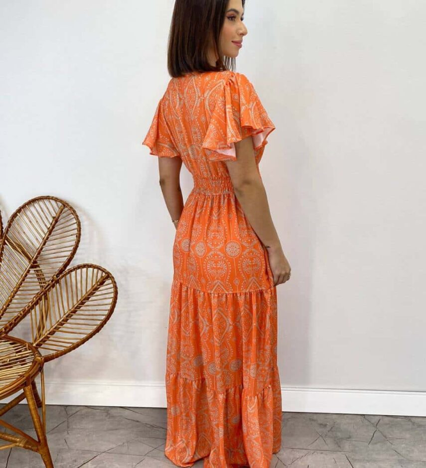 Vestido Longo sem Bojo Decote V Lastex na Cintura Estampado Laranja - Fernanda Ramos Store