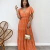 Vestido Longo sem Bojo Decote V Lastex na Cintura Estampado Laranja - Fernanda Ramos Store