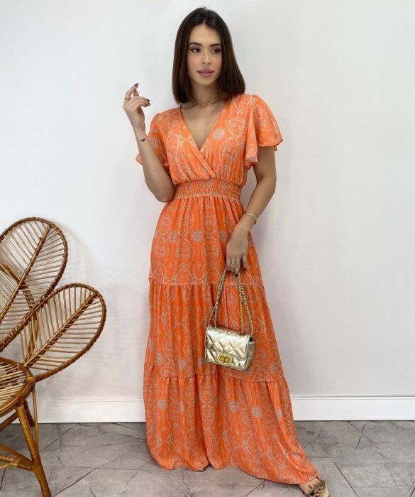 Vestido Longo sem Bojo Decote V Lastex na Cintura Estampado Laranja - Fernanda Ramos Store