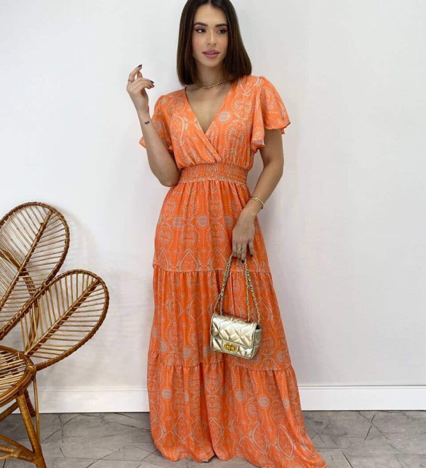 Vestido Longo sem Bojo Decote V Lastex na Cintura Estampado Laranja - Fernanda Ramos Store
