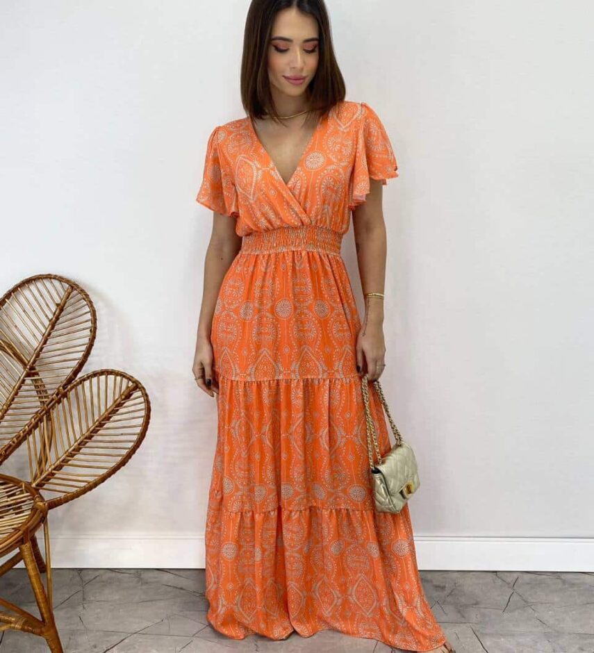 Vestido Longo sem Bojo Decote V Lastex na Cintura Estampado Laranja - Fernanda Ramos Store