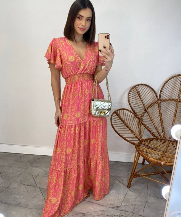 Vestido Longo sem Bojo Decote V Lastex na Cintura Estampado Rosa - Fernanda Ramos Store