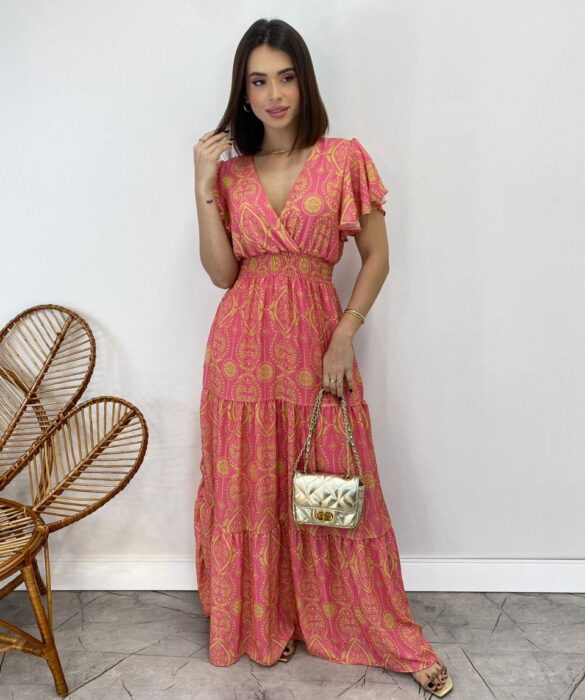 Vestido Longo sem Bojo Decote V Lastex na Cintura Estampado Rosa - Fernanda Ramos Store