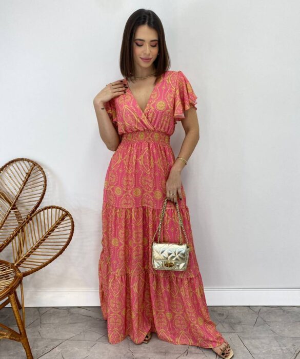 Vestido Longo sem Bojo Decote V Lastex na Cintura Estampado Rosa - Fernanda Ramos Store