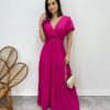 Vestido Longo sem Bojo Decote V Lastex na Cintura Pink - Fernanda Ramos Store