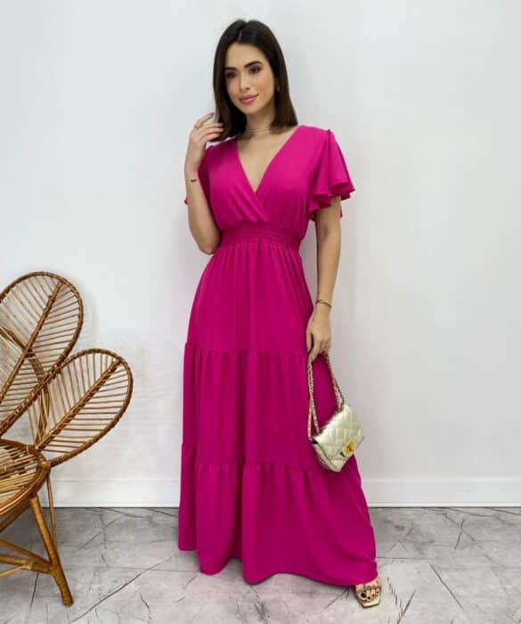 Vestido Longo sem Bojo Decote V Lastex na Cintura Pink - Fernanda Ramos Store