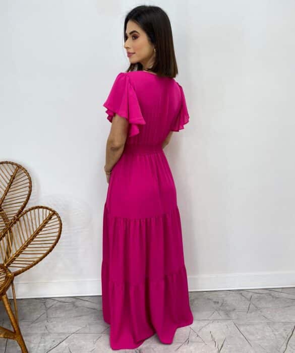 Vestido Longo sem Bojo Decote V Lastex na Cintura Pink - Fernanda Ramos Store