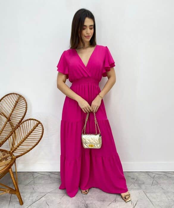 Vestido Longo sem Bojo Decote V Lastex na Cintura Pink - Fernanda Ramos Store