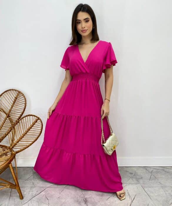 Vestido Longo sem Bojo Decote V Lastex na Cintura Pink - Fernanda Ramos Store