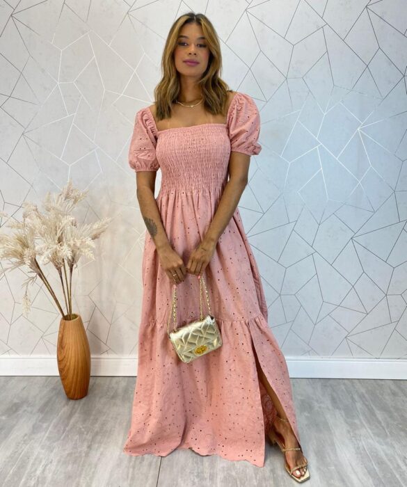 Vestido Longo sem Bojo Laise com Lastex e Fenda Rose - Fernanda Ramos Store