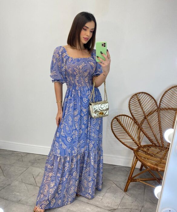 Vestido Longo sem Bojo Lavínia com Lastex Estampado Azul - Fernanda Ramos Store