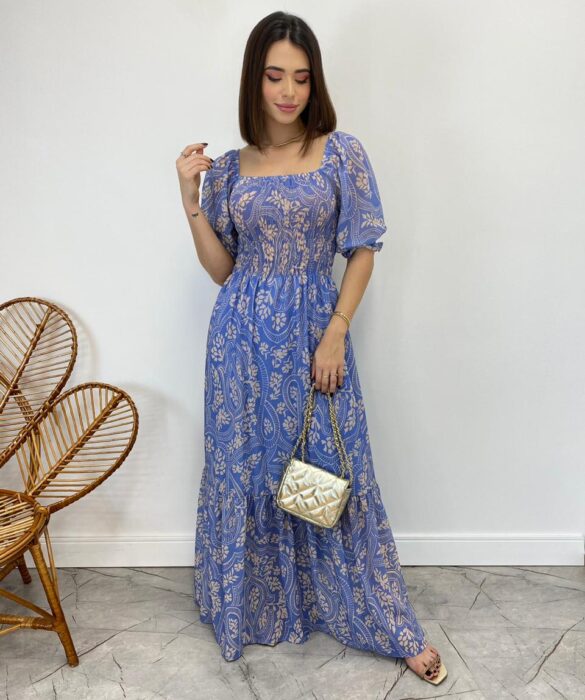 Vestido Longo sem Bojo Lavínia com Lastex Estampado Azul - Fernanda Ramos Store