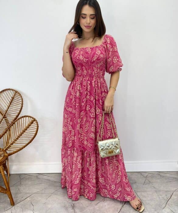 Vestido Longo sem Bojo Lavínia com Lastex Estampado Pink - Fernanda Ramos Store