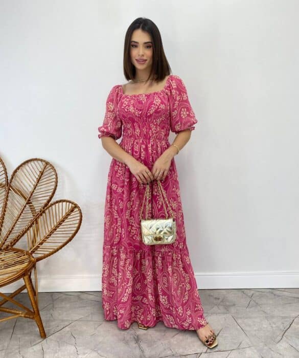 Vestido Longo sem Bojo Lavínia com Lastex Estampado Pink - Fernanda Ramos Store