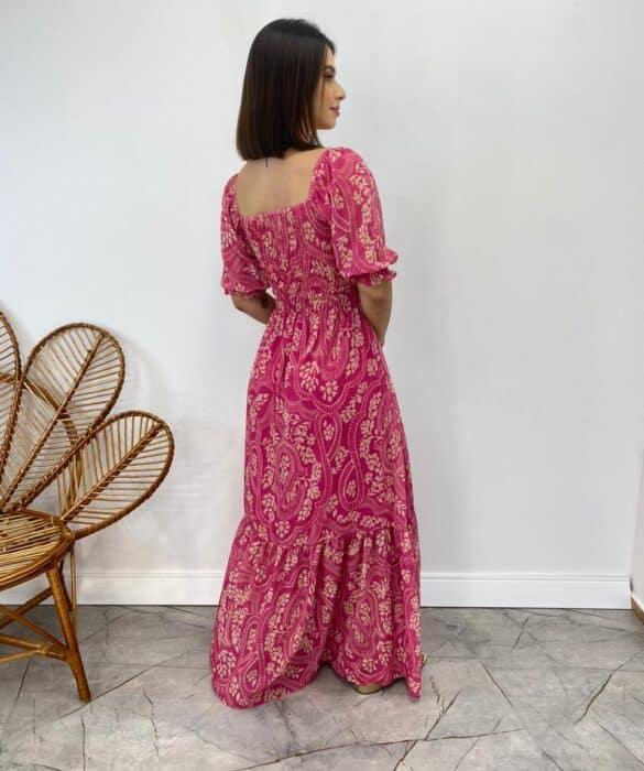 Vestido Longo sem Bojo Lavínia com Lastex Estampado Pink - Fernanda Ramos Store