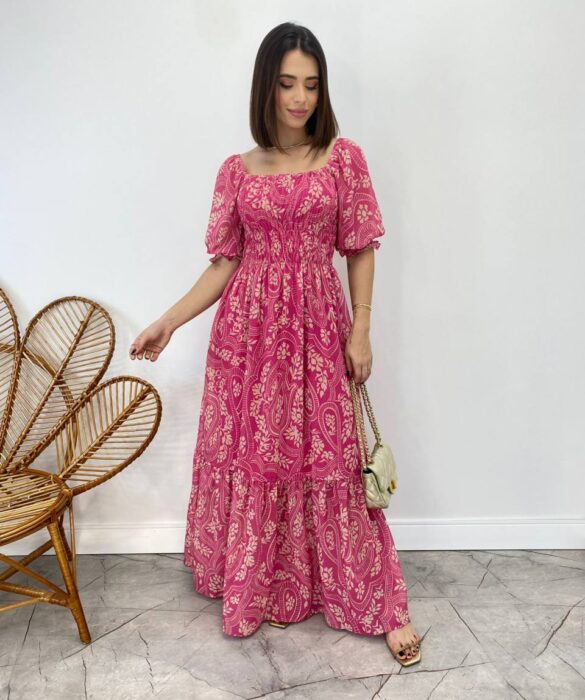 Vestido Longo sem Bojo Lavínia com Lastex Estampado Pink - Fernanda Ramos Store